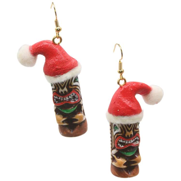Tiki earrings with Christmas hat