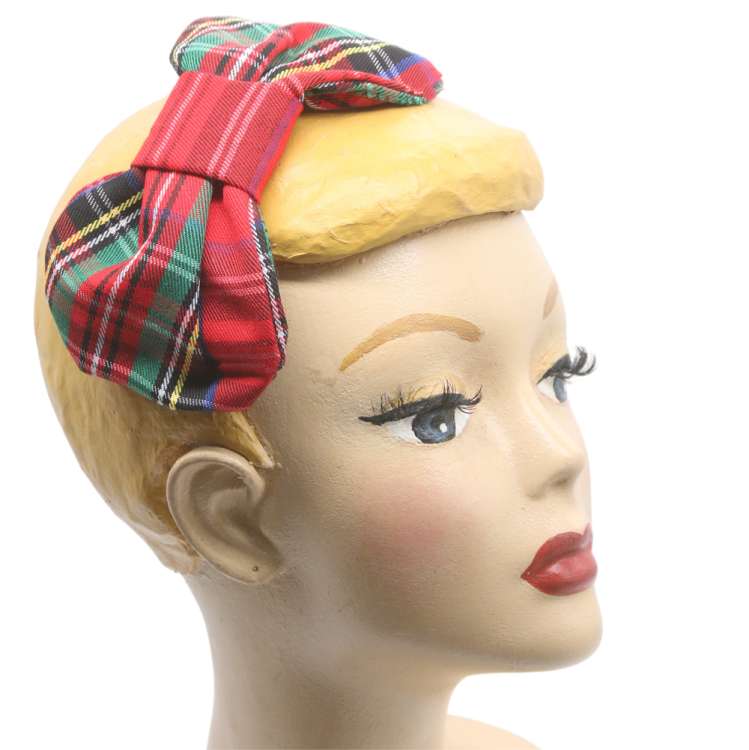 Red Checked Small Bow Half Hat - Tartan Fascinator