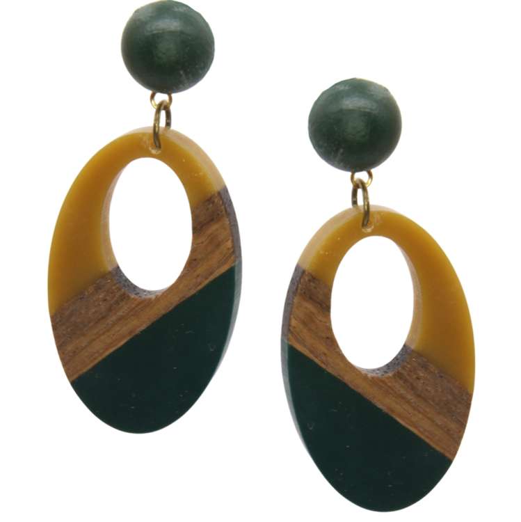 Wood & Acrylic Pendant Stud Earrings - Yellow & Brown & green