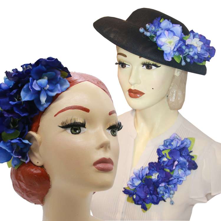 Black big hat with blue exchangeable corsage flower