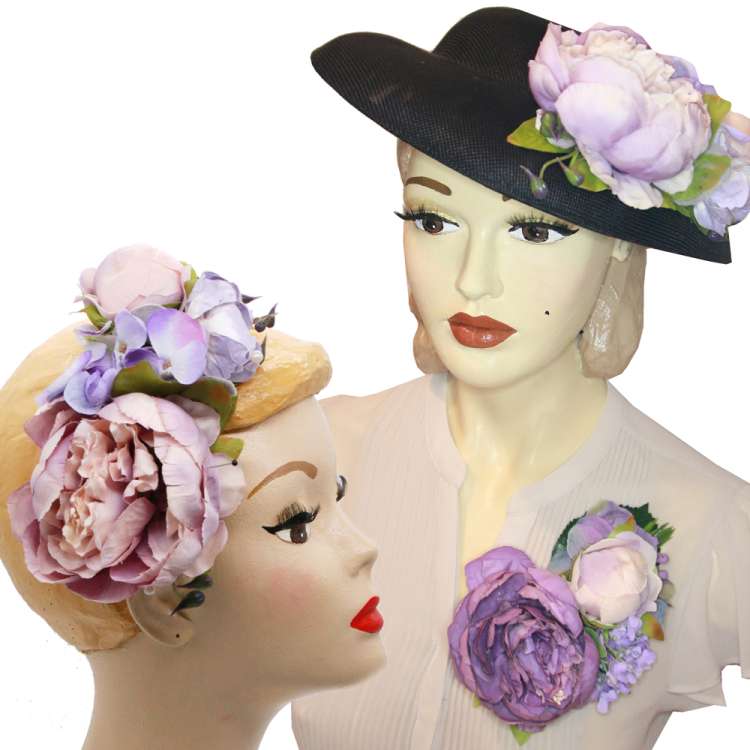 Black big hat with lilac purple flowers to change