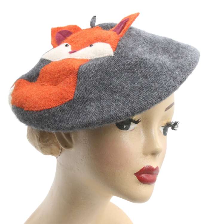 beret grey vintage wool fox