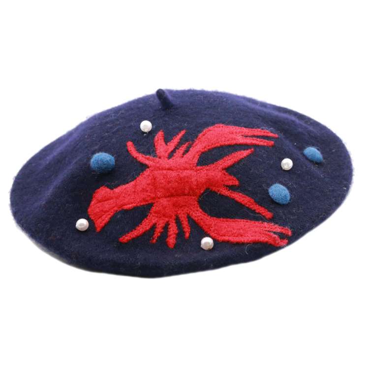 beret wool vintage blue red lobster 02