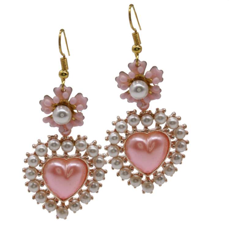 Pink sparkling heart earrings with enamel flower