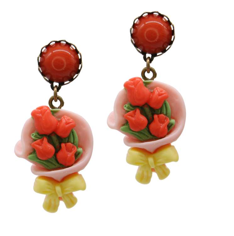 Orange tulip vintage style earrings with howlite drops and pretty flower - handmade with love.