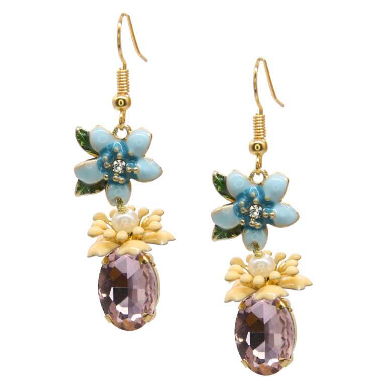 Enameled earrings with sparkling glass stone & flower