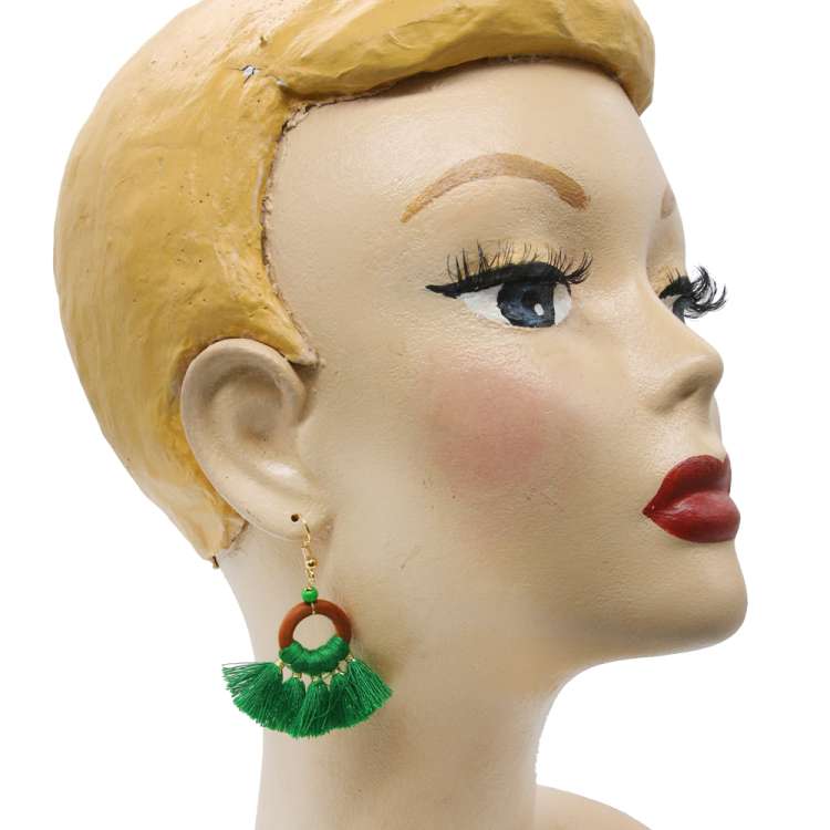 head with Earrings with small tassels in green