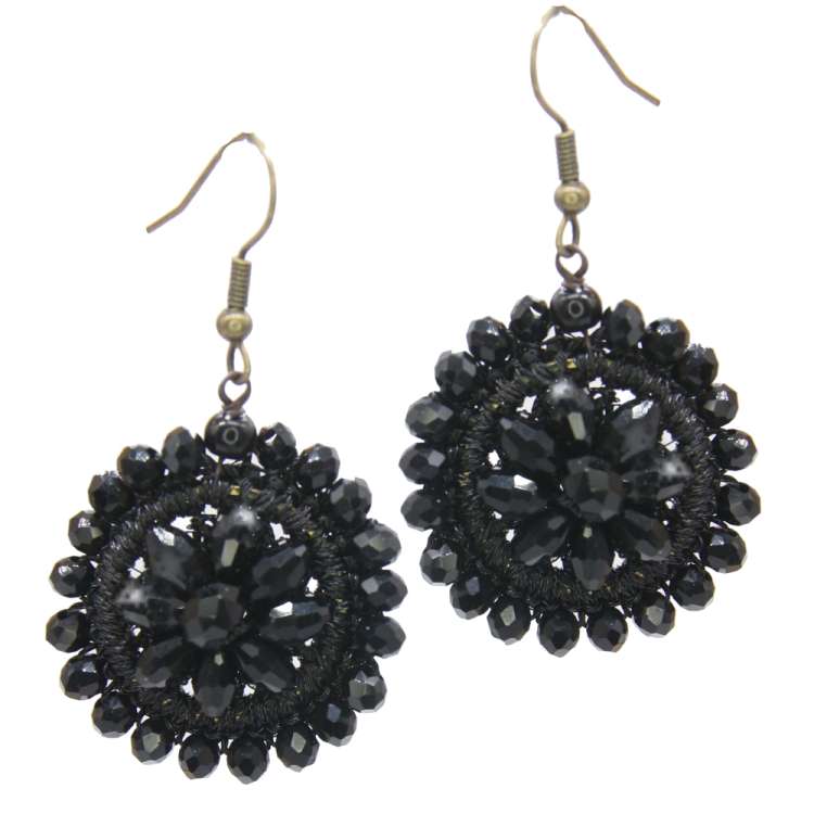 Earrings with black flower woven from pearls