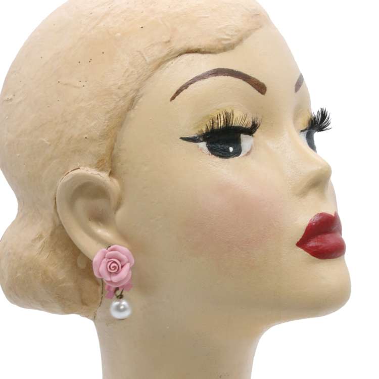 Kopf: Rosa Rosen und Perle - Ohrringe im Vintage