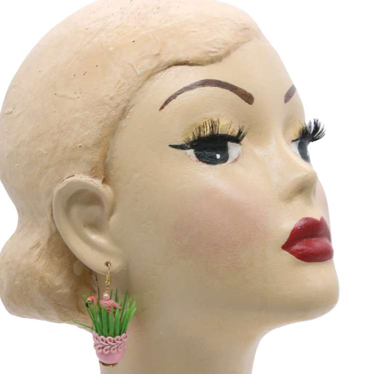 Head with Earrings with Flamingo in the Grass