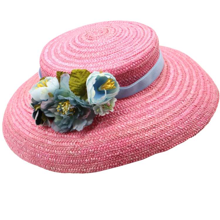 pink mushroom straw hat blue flowers