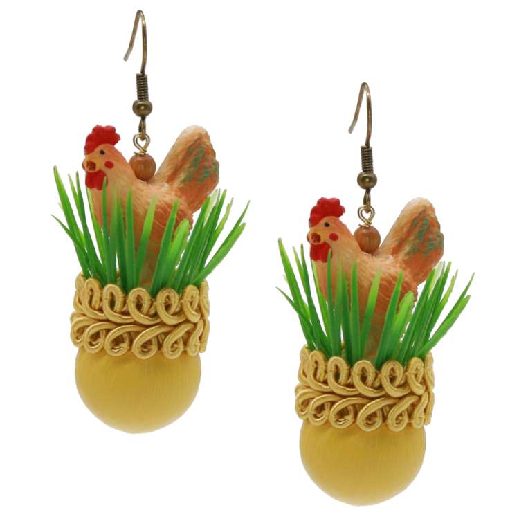 Yellow earrings with grass and chicken