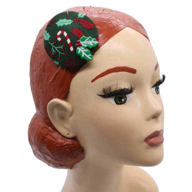 Green Mini Fascinator with ilex and Candy Cane