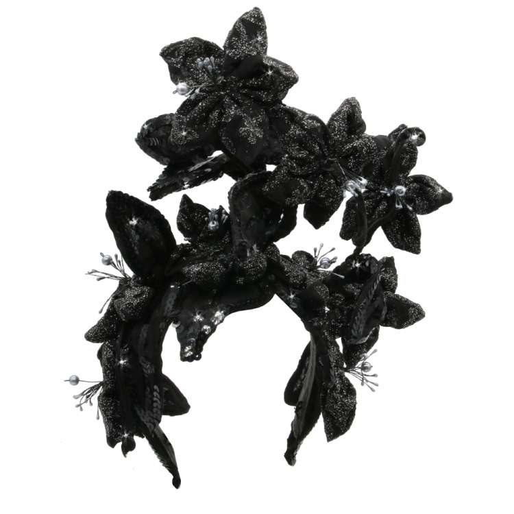 kopfschmuck carmen miranda glitzernde Blumen schwarz