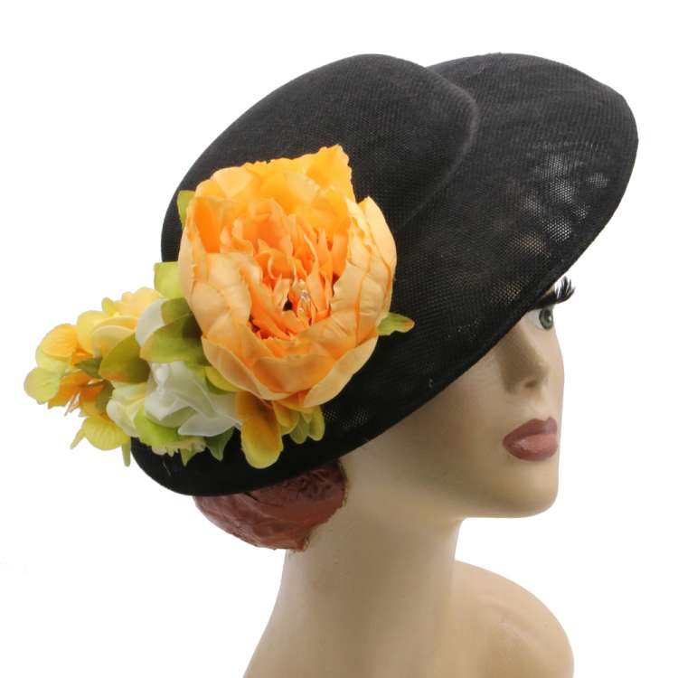 Black summer hat vintage yellow hibiscus flower vintage