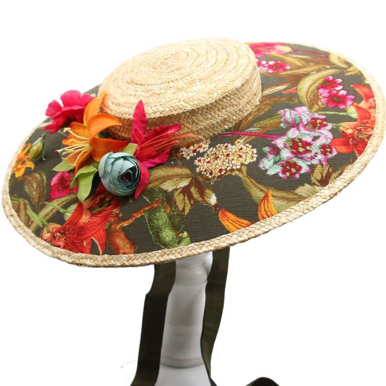 big olive green Hat with Wide Brim with Flowers