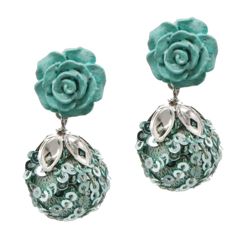 Stud Earrings with Blue Roses& sequins
