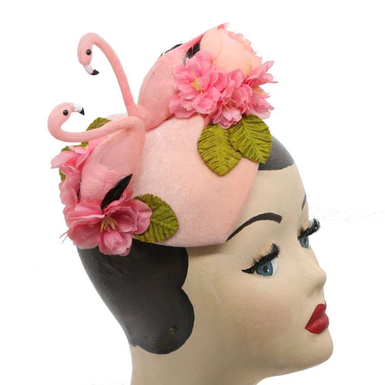 flamingo heart fascinator hat pink vintage rockabilly flowers