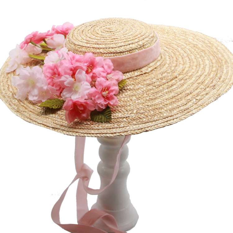 cartwheel straw hat pink cherry flowers