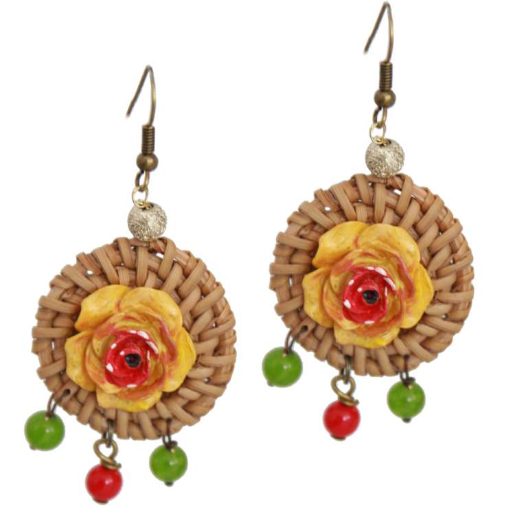 Earrings with Rattan Ring, Yellow Flower & Pearls