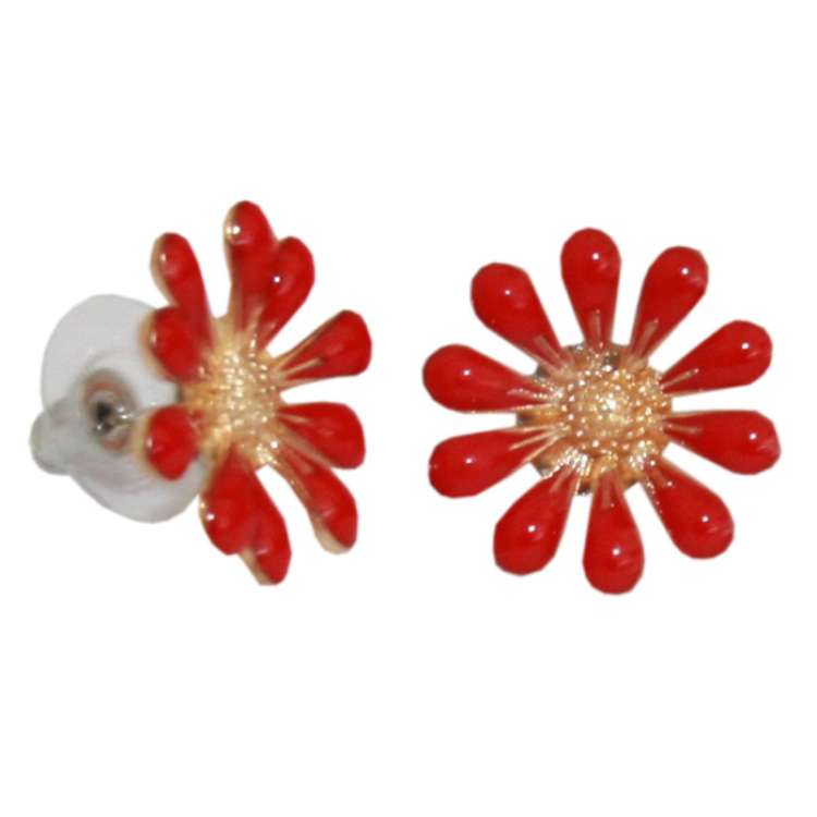 Red enamel blossom - vintage style earrings rockabilly flower
