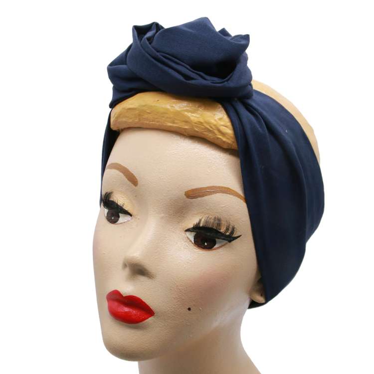 dressed, as a knot: Dark blue turban hair band with wire