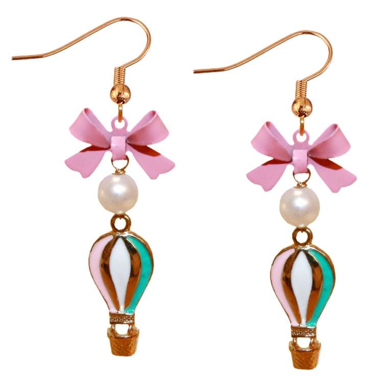 Earrings with small hot air balloon in pink & gold