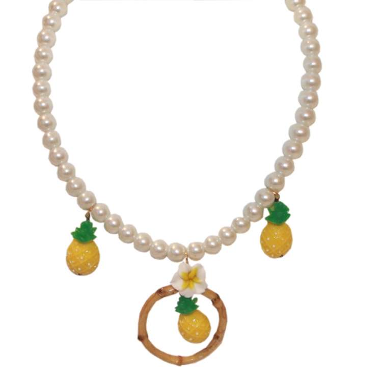 Pearl Necklace with Pineapple and Bamboo Pendants