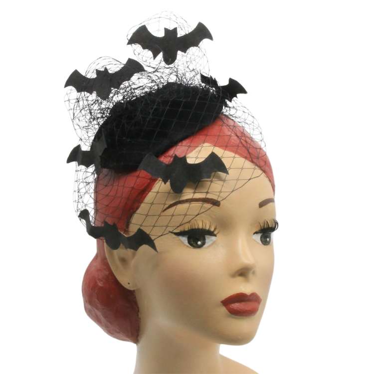 black fascinator with veil and bats