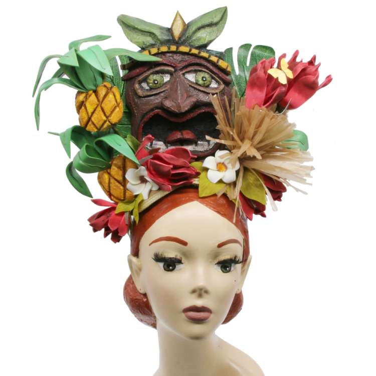 Headdress with tiki, monstera and frangipani