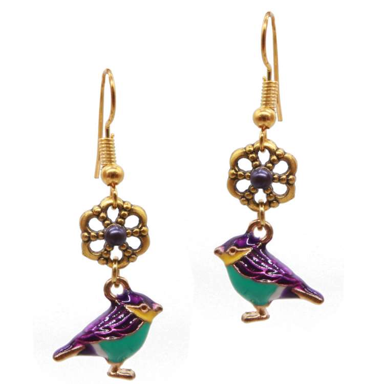 Gold and Purple Small Bird Earrings