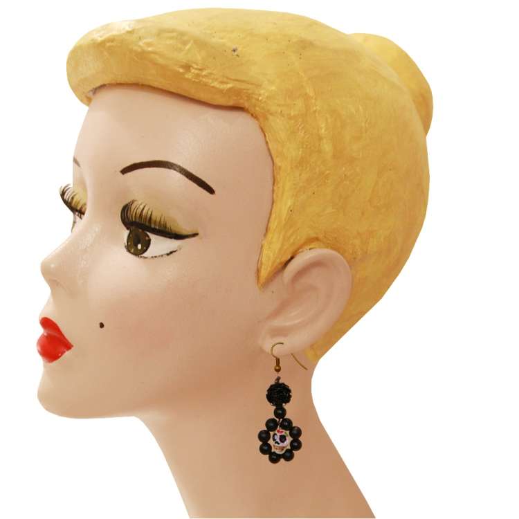 Kopf mit Zuckerschädel mit schwarzen Perlen - Rockabilly-Ohrringe