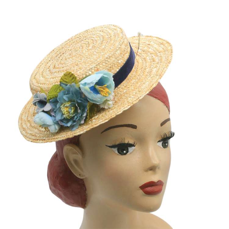 Flat straw hat & blue flower corsage - vintage style canotier hat with flowers.