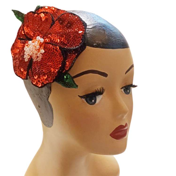 hair flower sequins hibiscus red