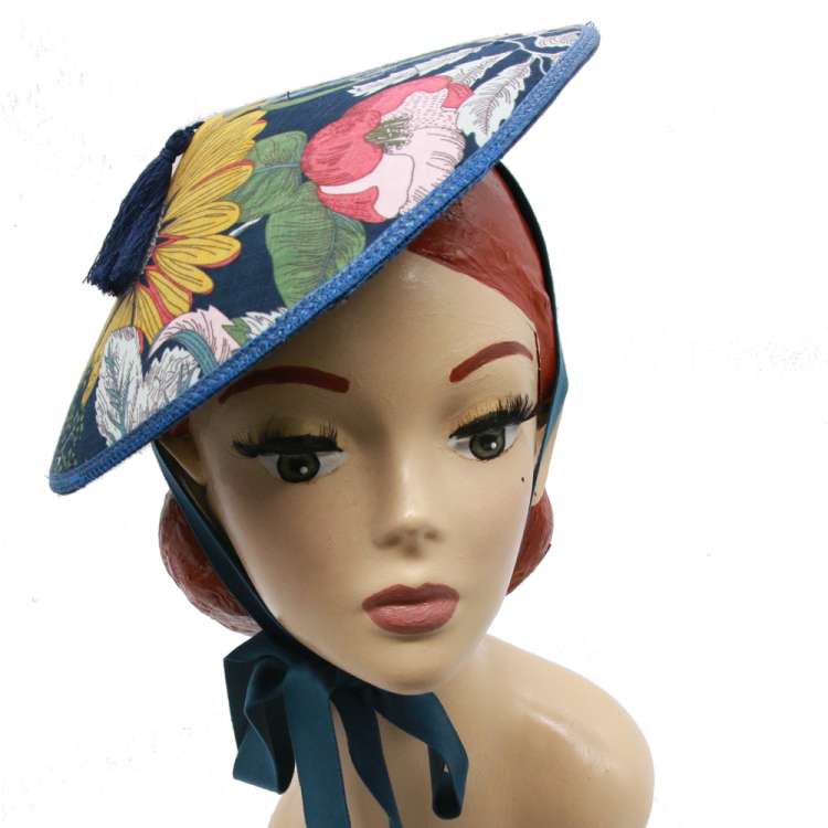 Rockabilly style coolie hat with blue flower