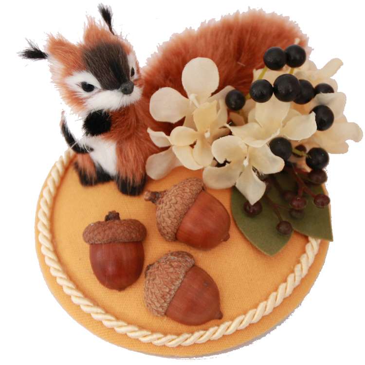 Squirrel Fascinator in Ochre with Acorns & Flowers