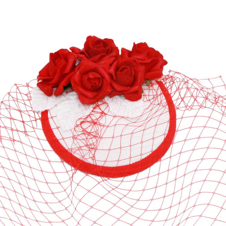 Red roses & veil on a white fascinator (birdcage)
