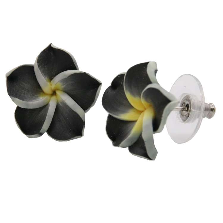 Black Frangipani - Stud Earrings with Small Hawaii Flower