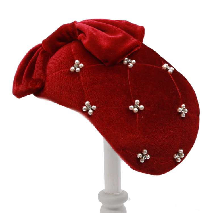 Red Velvet Fascinator Embroidered with Pearls - Half Hat: Betty's Bling and Bow