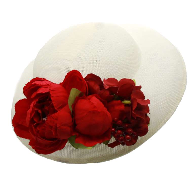 Light big hat with flower peonies in red - vintage hat