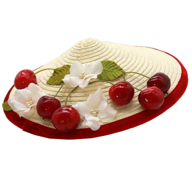 cone hat made of raffia red cherries