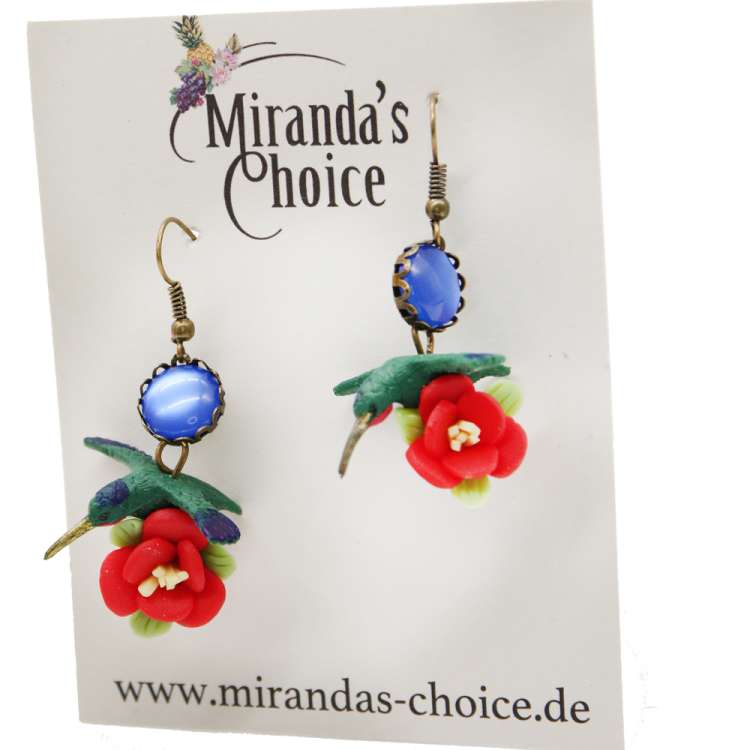 blaue Kolibri und roten Blumen-Ohrringen