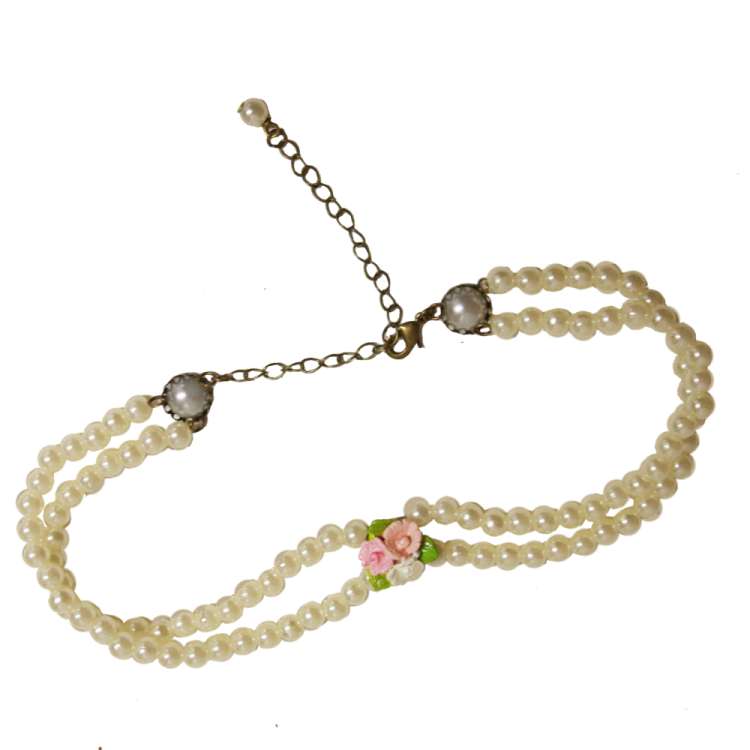 Two row pearl necklace with flower 02