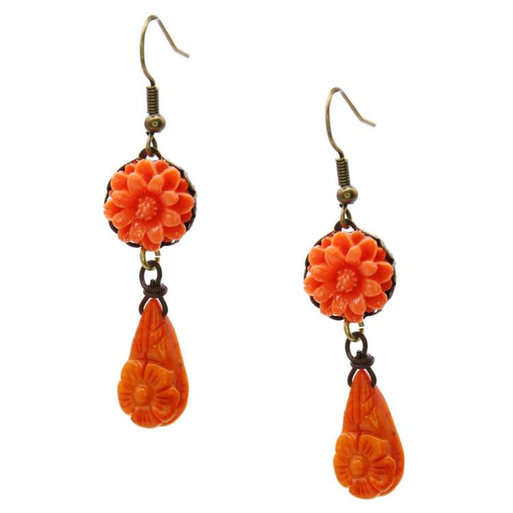 Autumn orange vintage style earrings with howlite drops and pretty flower - handmade with love.