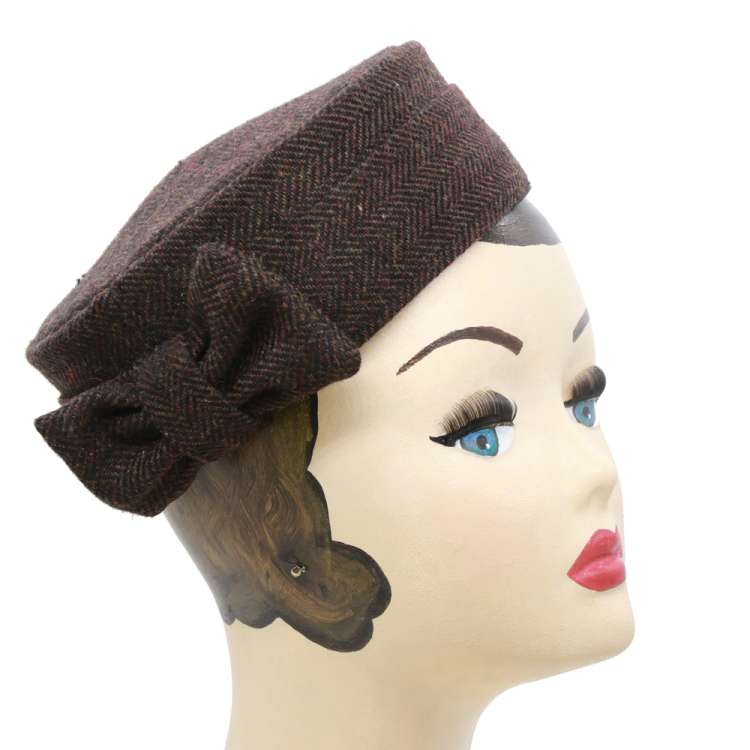 Brown Pillbox hat with herringbone pattern