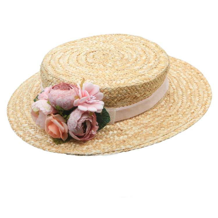 Flat straw hat & pink flower corsage - vintage style.