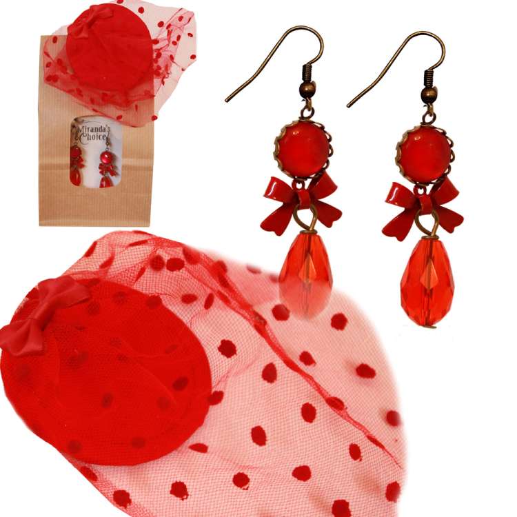 Red Set: Drop Earrings and Mini Fascinator with Veil