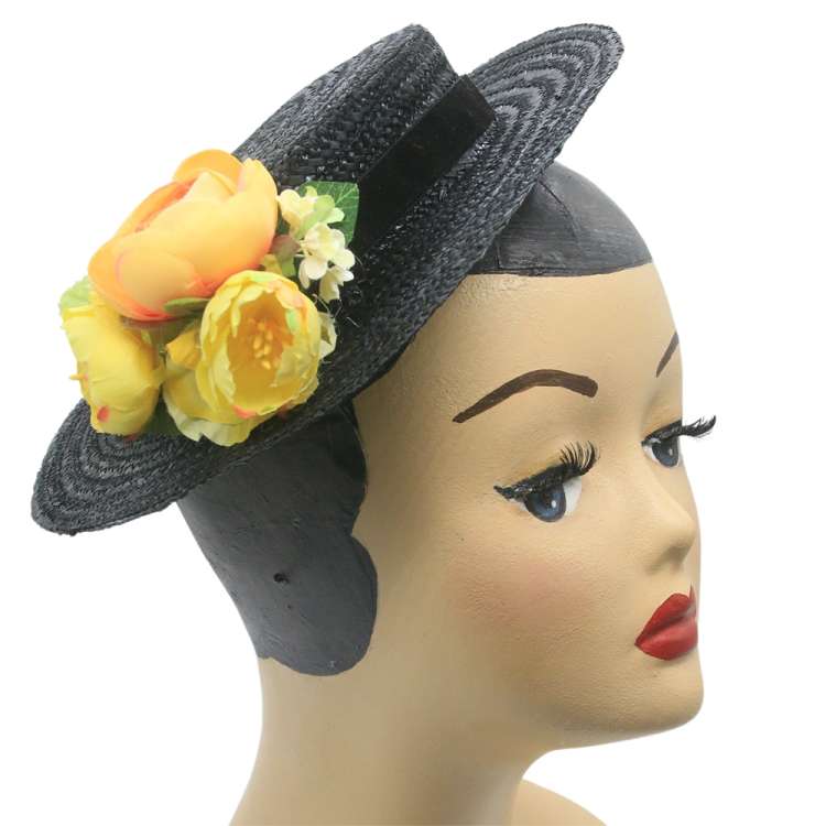 black straw boater hat yellow flowers