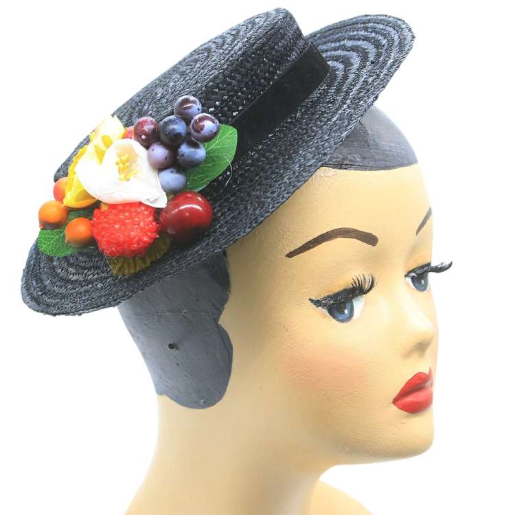 black straw boater hat fruits flowers