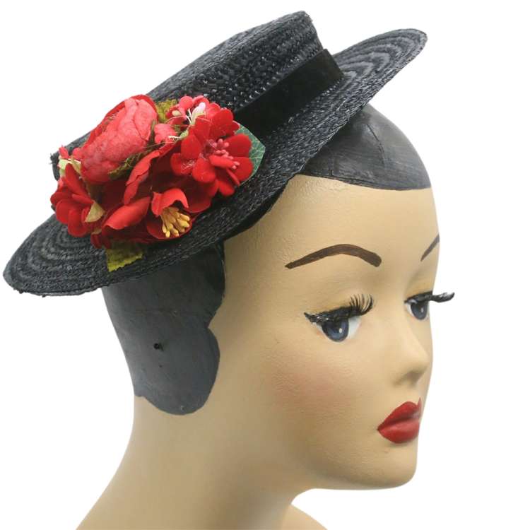 black straw boater hat red flowers